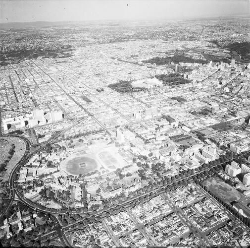 Monochrome aerial photograph of Melbourne.