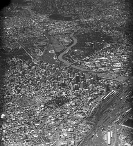 Monochrome aerial photograph of Melbourne.