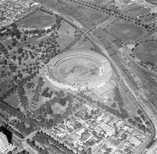 Monochrome aerial photograph of Melbourne.