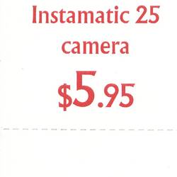 Price Ticket - Kodak Australasia Pty Ltd, 'Kodak Instamatic 25 Camera', circa 1960s