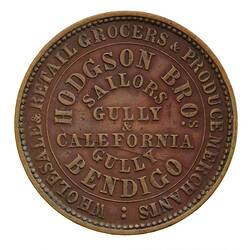 Token - 1 Penny, Hodgson Bros, Grocers & Produce Merchants, Bendigo, Victoria, Australia, 1862