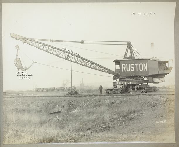 Monochrome photograph of a dragline excavator.