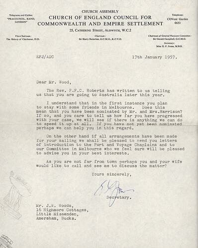 Letter - Church of England Council for Commonwealth & Empire Settlement, John & Barbara Woods, England, 17 Jan 1957