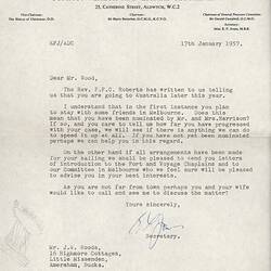 Letter - Church of England Council for Commonwealth & Empire Settlement, John & Barbara Woods, England, 17 Jan 1957