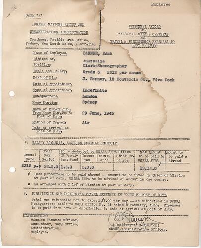 Personal Record - Esma Banner, Australia, United Nations Relief and Rehabilitation Administration, 28 Jun 1945