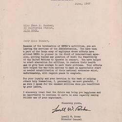 Letter - To Esma Banner, United Nations Relief & Rehabilitation Administration (UNRRA), Washington DC, United States of America, Jun 1947