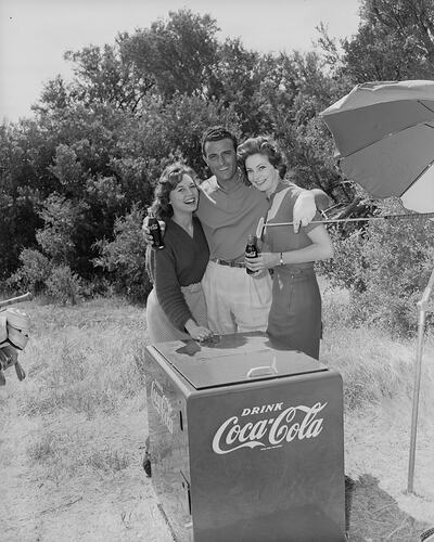 Coca Cola, Group with Drink Fridge, Black Rock, Victoria, 19 Nov 1959