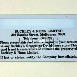 Back of store card with black writing on white.