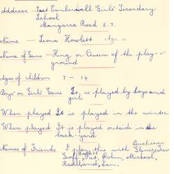 Document - Leona Howlett, Addressed to Dorothy Howard, Description of Chasing Game 'King or Queen of the Playground', 1954-1955