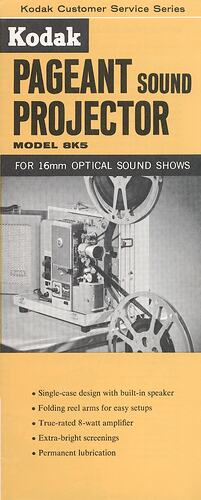 Leaflet cover with text and photograph of projector.
