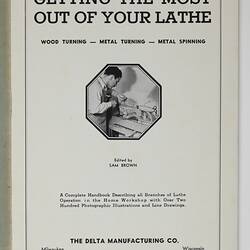 Page with man at lathe and text.