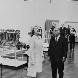 Queen Elizabeth II and Sir L. Harnett in McArthur Hall, Science Museum, Melbourne, 1970