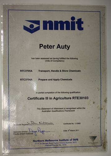 Certificate - NMIT, 'Certificate III in Agriculture', Peter Auty, Flowerdale, 4 Mar 2011