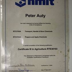 Certificate - NMIT, 'Certificate III in Agriculture', Peter Auty, Flowerdale, 4 Mar 2011