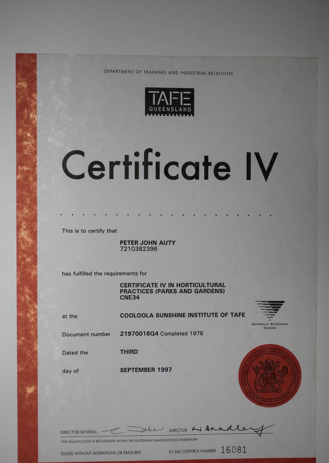Certificate Certificate IV in Horticultural Practices, Peter Auty, Cooloola Sunshine Institute