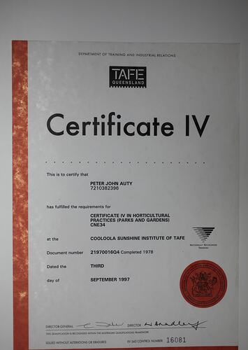 Certificate - Certificate IV in Horticultural Practices, Peter Auty, Cooloola Sunshine Institute of TAFE, 3 Sept 1997