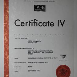Certificate - Certificate IV in Horticultural Practices, Peter Auty, Cooloola Sunshine Institute of TAFE, 3 Sep 1997
