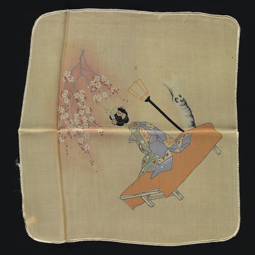 Beige Silk handkerchief with geisha and cherry blossoms.