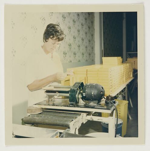 Slide 182, 'Extra Prints of Coburg Lecture', Worker Labelling Packaged Products, Kodak Factory, Coburg, circa 1960s