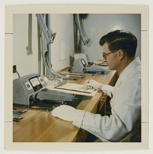 Slide 288, 'Extra Prints of Coburg Lecture', Worker Recording Densitometer Readings, Kodak Factory, Coburg, circa 1960s