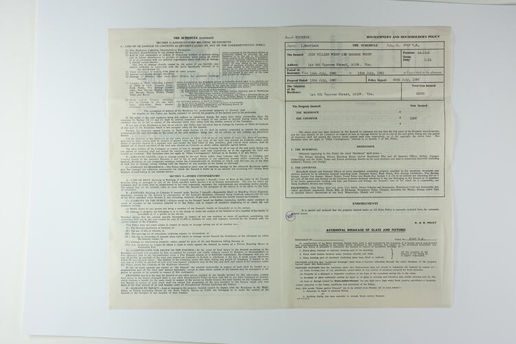 Home Insurance Policy - National Mutual Fire Insurance Company Ltd, John & Barbara Woods, Lalor, 28 Jul 1960
