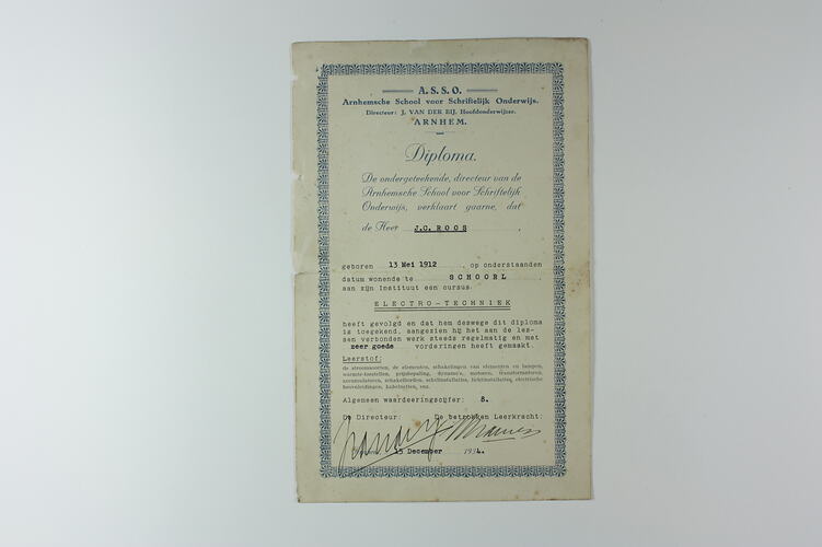 Diploma - Electro-Technician, Arnhem, Netherlands, 15 Dec 1934