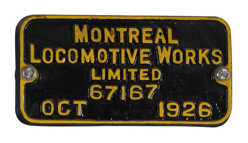 Locomotive Builders Plate - Montreal Locomotive Works, 1926