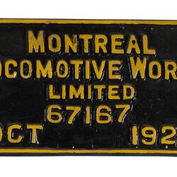 Locomotive Builders Plate - Montreal Locomotive Works, Montreal, Canada, 1926