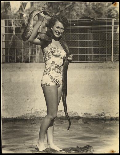 Bernice Kopple, in Swimsuit with Python, Adelaide, Australia, 1951