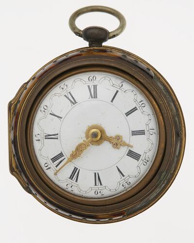 Pocket watch, white dial with Roman and Arabic numerals separated by scalloped circle. Ornate gilt hands.