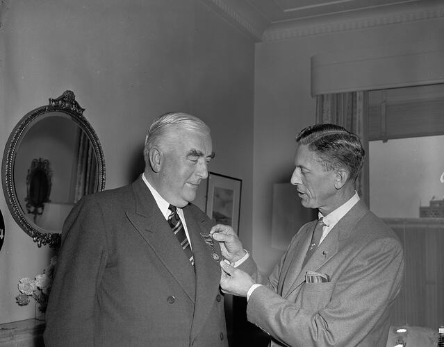 Sir Robert Menzies Presented with a Lions Club Pin, Victoria, 1956