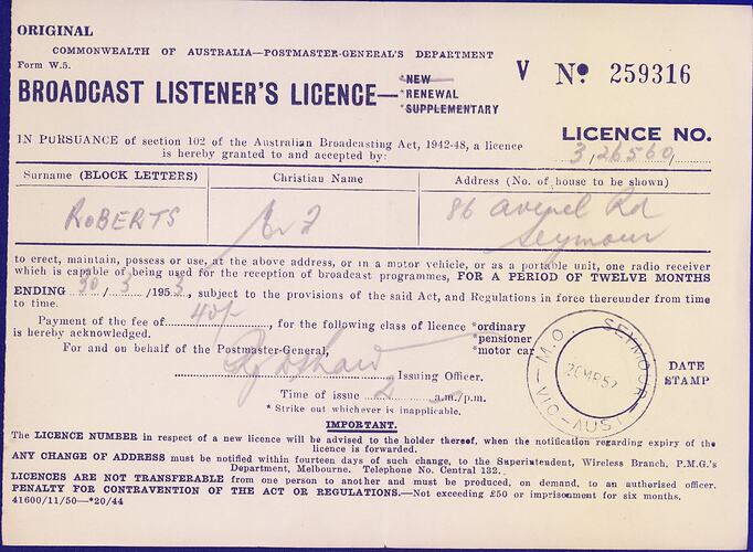 Broadcast Listener's Licence - Commonwealth of Australia, Postmaster General's Department, 20 Mar 1952