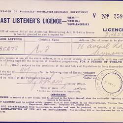 Broadcast Listener's Licence - Frederick & Amelia Roberts, Commonwealth of Australia, Postmaster General's Department, 20 Mar 1952