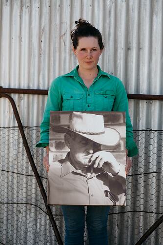Farmer Marlee Langfield with a photograph of her Father, Wallaringa Farm, Cowra, NSW, 22 Oct 2018