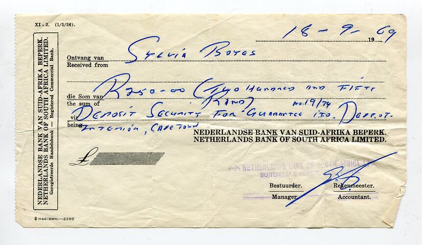 Receipt - Payment of Guarantee, Dept. of Interior, South Africa, Sylvia Boyes, 18 Sep 1969