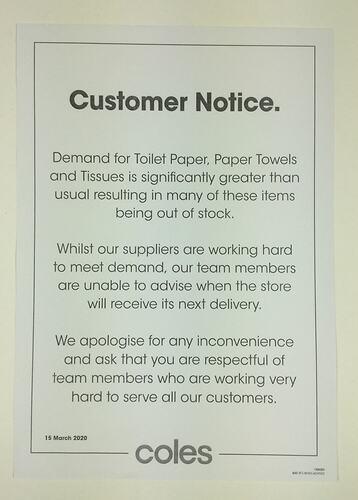 Notice - Customer Notice, Coles, 15 March 2020