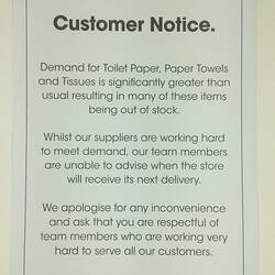 Notice - Customer Notice, 'Toilet Paper, Paper Towel & Tissues', Coles Supermarket, 15 Mar 2020