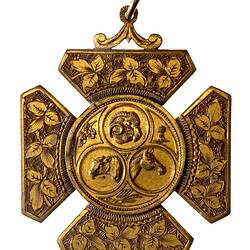 Bronze cross. Central medal has shield, stars, ship, golden fleece, tools, wheat.