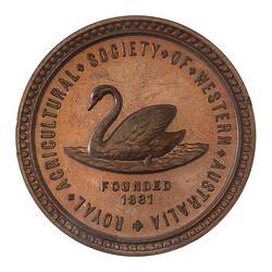 Round bronze-coloured medal with swan in centre, text around edge.