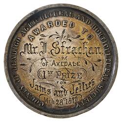 Medal - County of Bendigo Agricultural and Horticultural Society Silver Prize, 1879 AD