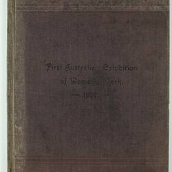 Front cover of brown cloth bound book, rectangular, black text printed and embossed on cover.