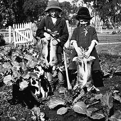 Negative - Children Displaying the Rewards of a Rabbiting Trip, Wangaratta District, Victoria, circa 1930