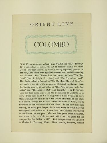 HT 54797, Booklet - Orient Line, Colombo, 1967 (MIGRATION), Document, Registered