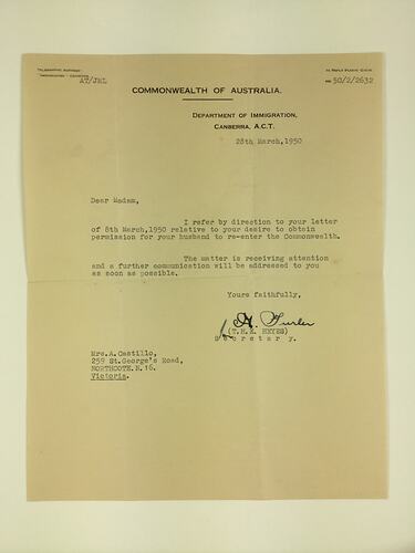 HT 57757, Letter - Department of Immigration, Canberra to Aileen Castillo, Northcote, Victoria, 28 Mar 1950 (MIGRATION), Document, Registered