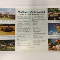 Open leaflet with central black printed text and six colour printed images.