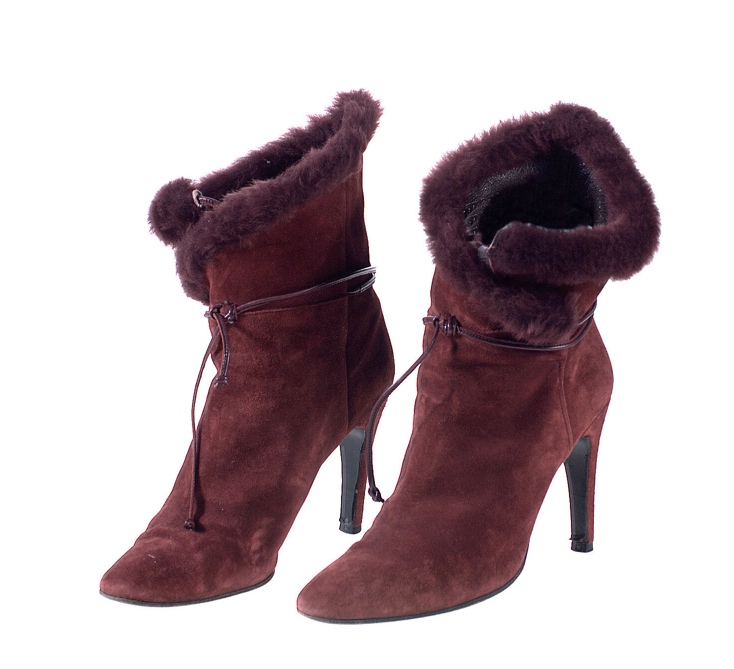 Burgundy suede lace-up boots on white, Museums Victoria collection, CC BY 4.0