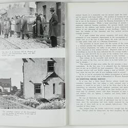 Open booklet with white pages and black printing. People and houses on left page.