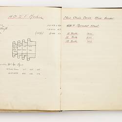 Open book with off white ruled pages. Handwritten text.