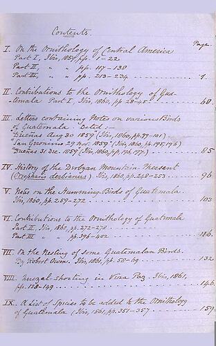 Hand written contents page from Osbert Salvin [Collected articles from The Ibis on the ornithology of Central America']