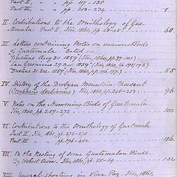 Hand written contents page from Osbert Salvin [Collected articles from The Ibis on the ornithology of Central America']